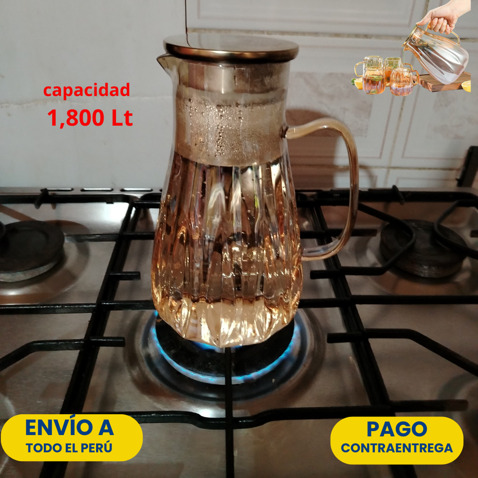¡ELEGANTE JUEGO DE JARRA CON 6 TAZAS DE VIDRIO BOROSILICATO LIBRE DE PBA !
